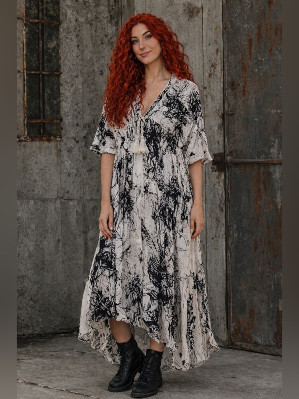 2 Bella Boho Maxi Dress | Tassel Tie Front | Abstract Print | Flowy Festival | L